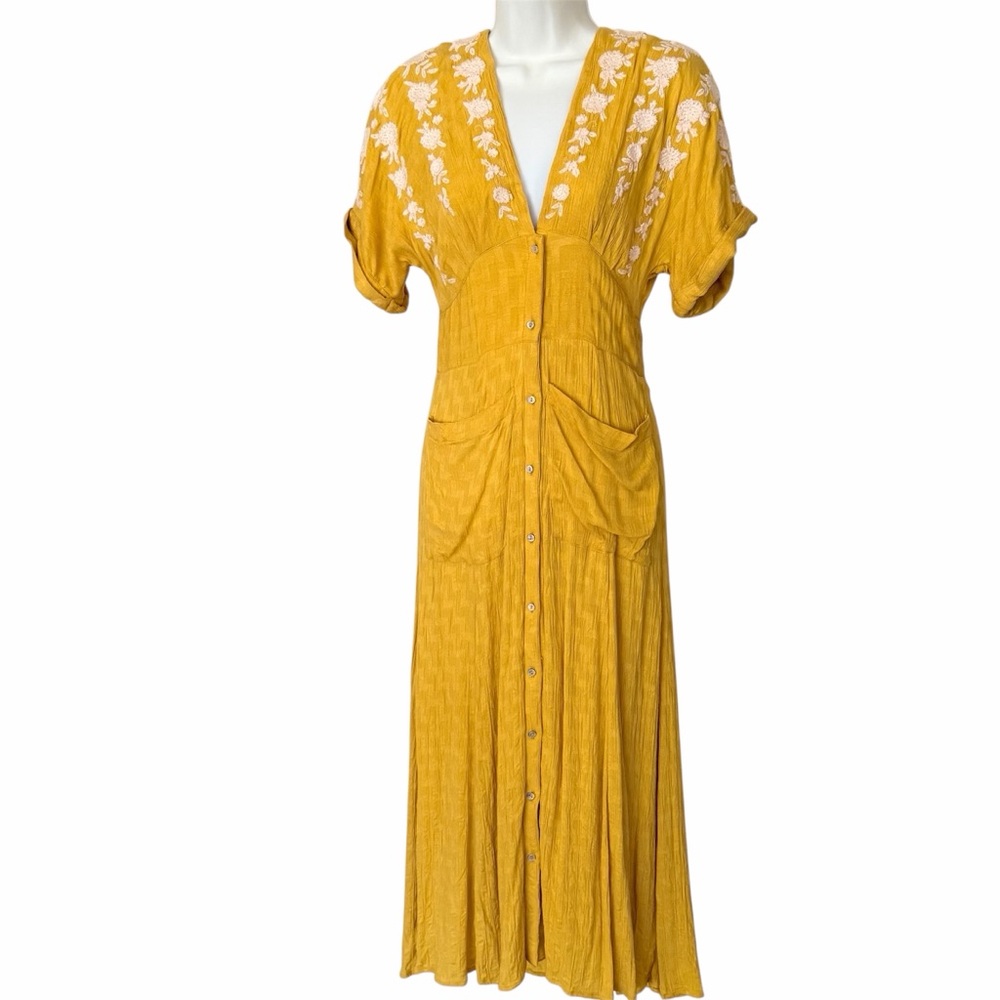 Free People Gauzy Dress Love to Love You Mustard Yellow Embroidered Maxi Size XS